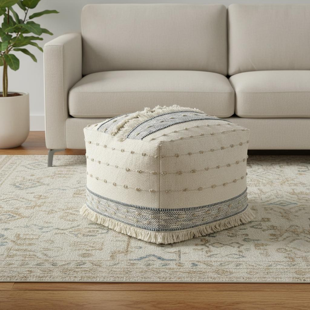 710445 18 in. Ivory & Navy Blue Cotton & Wool Striped Pouf Ottoman