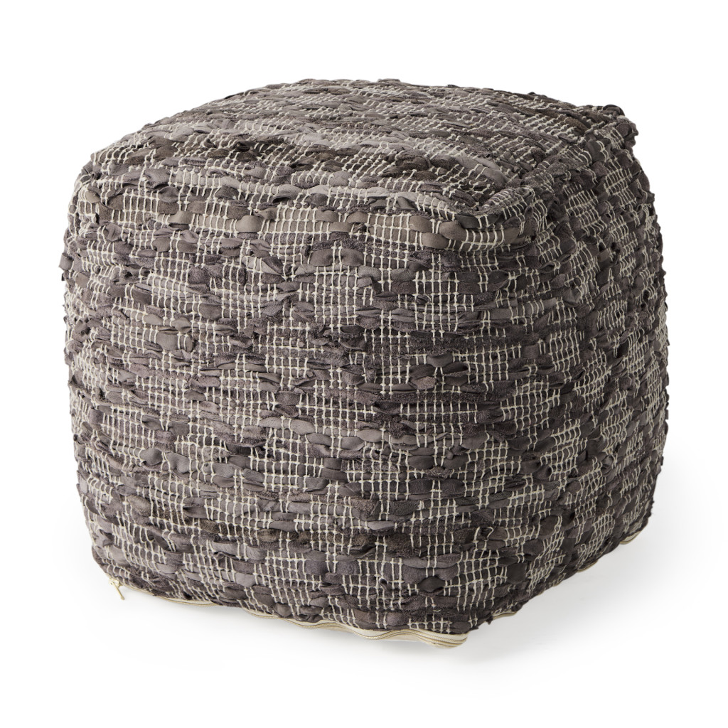 606760 16 in. Brown & Gray Cotton & Leather Geometric Cube Pouf Ottoman