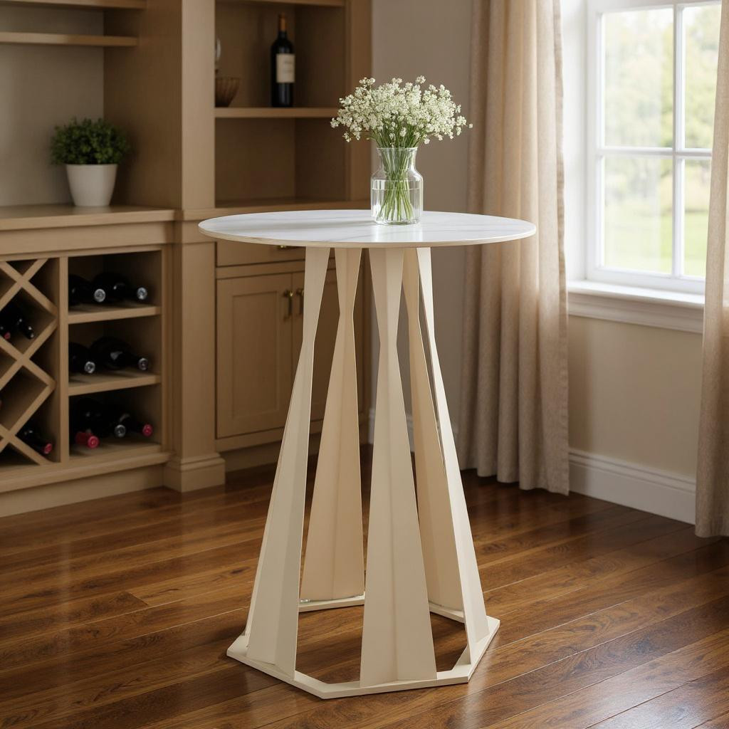 668836 26 in. White Faux Marble & Steel Rounded Bar Table