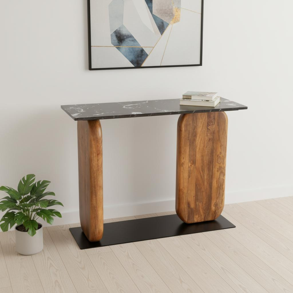 668883 43 in. Black & Brown Genuine Marble & Solid Wood Console Table