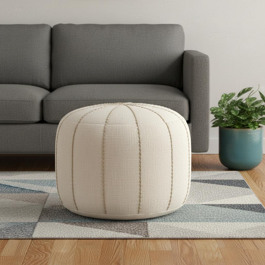 606770 18 in. Fabric Striped Round Polyester Blend Pouf Ottoman, Beige & Taupe