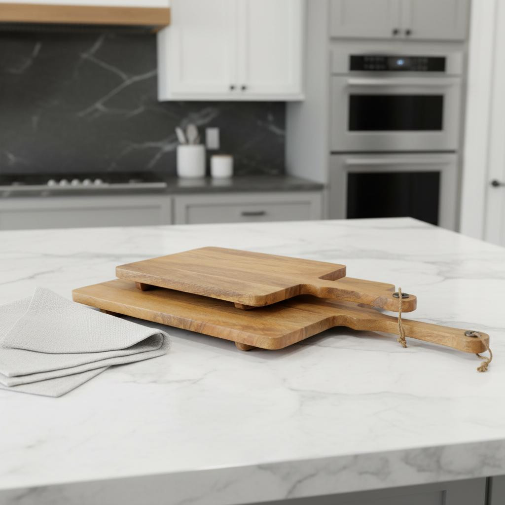 Picture of HomeRoots 609082 Natural Solid Wood Handmade Serve Boards with Handles, Set of 2