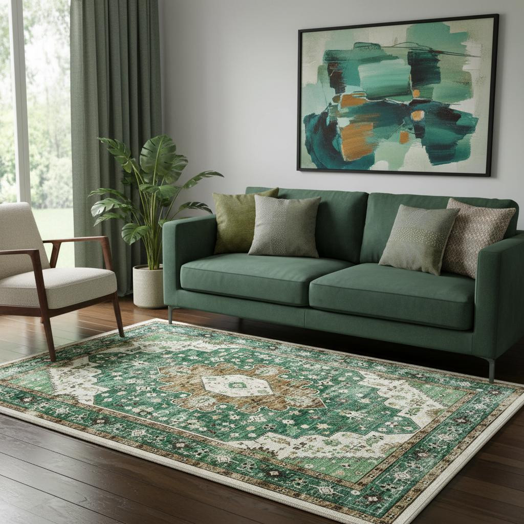 711244 5 x 7 ft. Green Brown & Ivory Medallion Distressed Washable Rectangle Area Rug