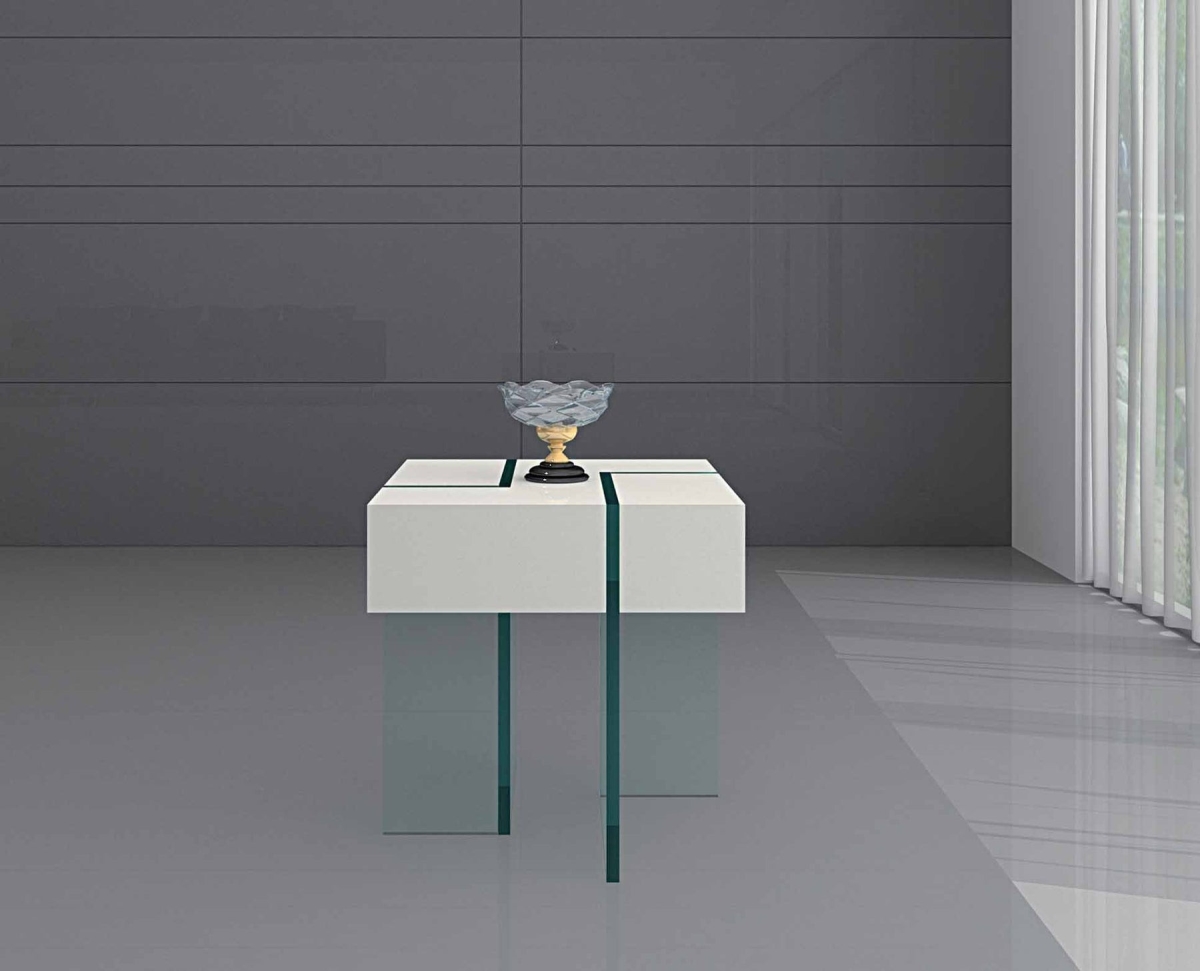 554644 22 in. Wood & Glass Square Sled End Table, White & Clear