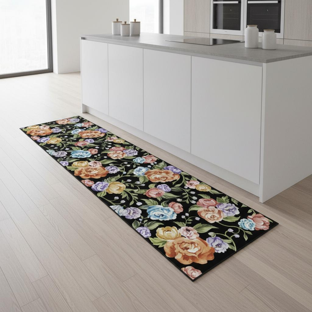 698915 8 ft. Black Green & Orange Floral Washable Runner Rug