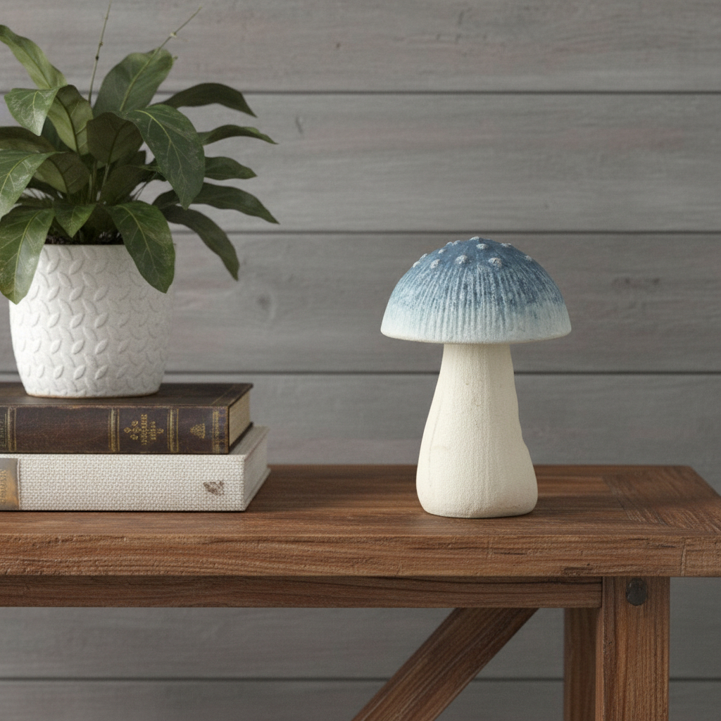 634476 6 in. Blue & Off White Cast Iron Mushroom Tabletop Sculpture