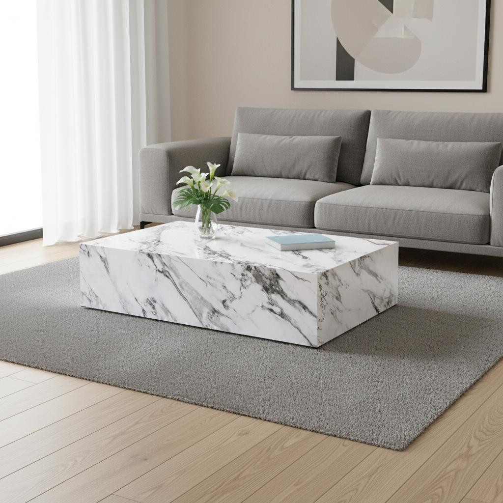 714206 48 in. White Faux Marble Block Coffee Table