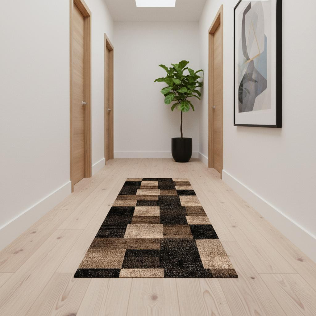 487628 13 ft. Brown, Black & Tan Geometric Power Loom Runner Rug
