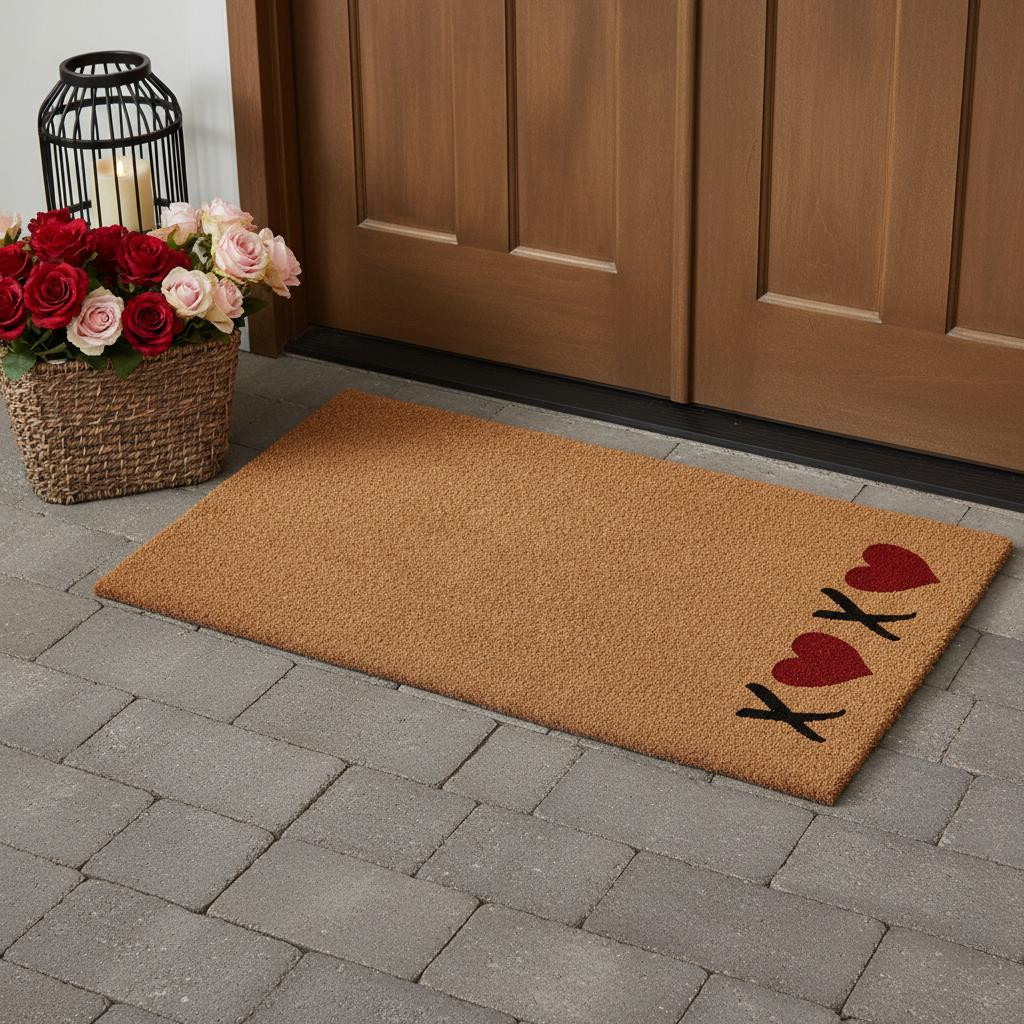 719867 24 x 48 in. Brown Red & Black XOXO Outdoor Coir Rectangle Door Mat