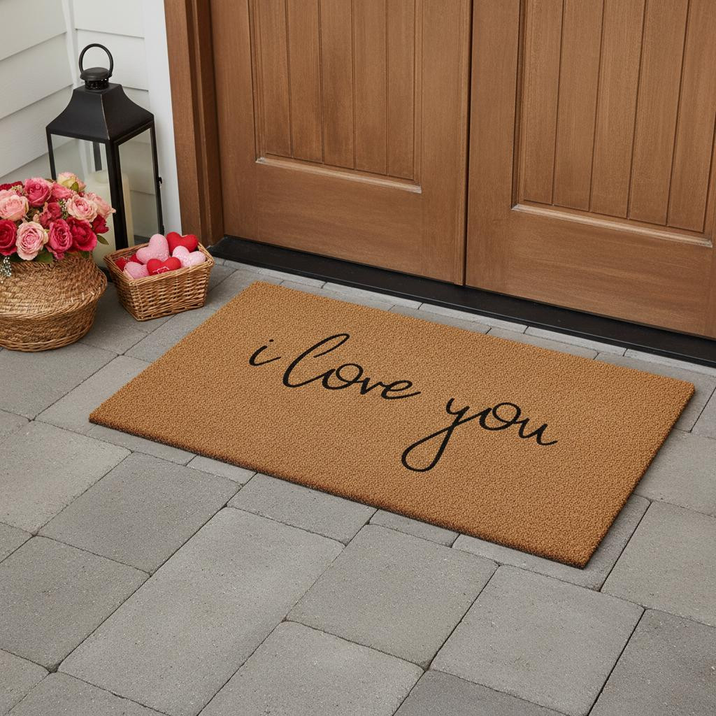 719895 24 x 48 in. Brown Red & Black Love You Outdoor Coir Rectangle Door Mat
