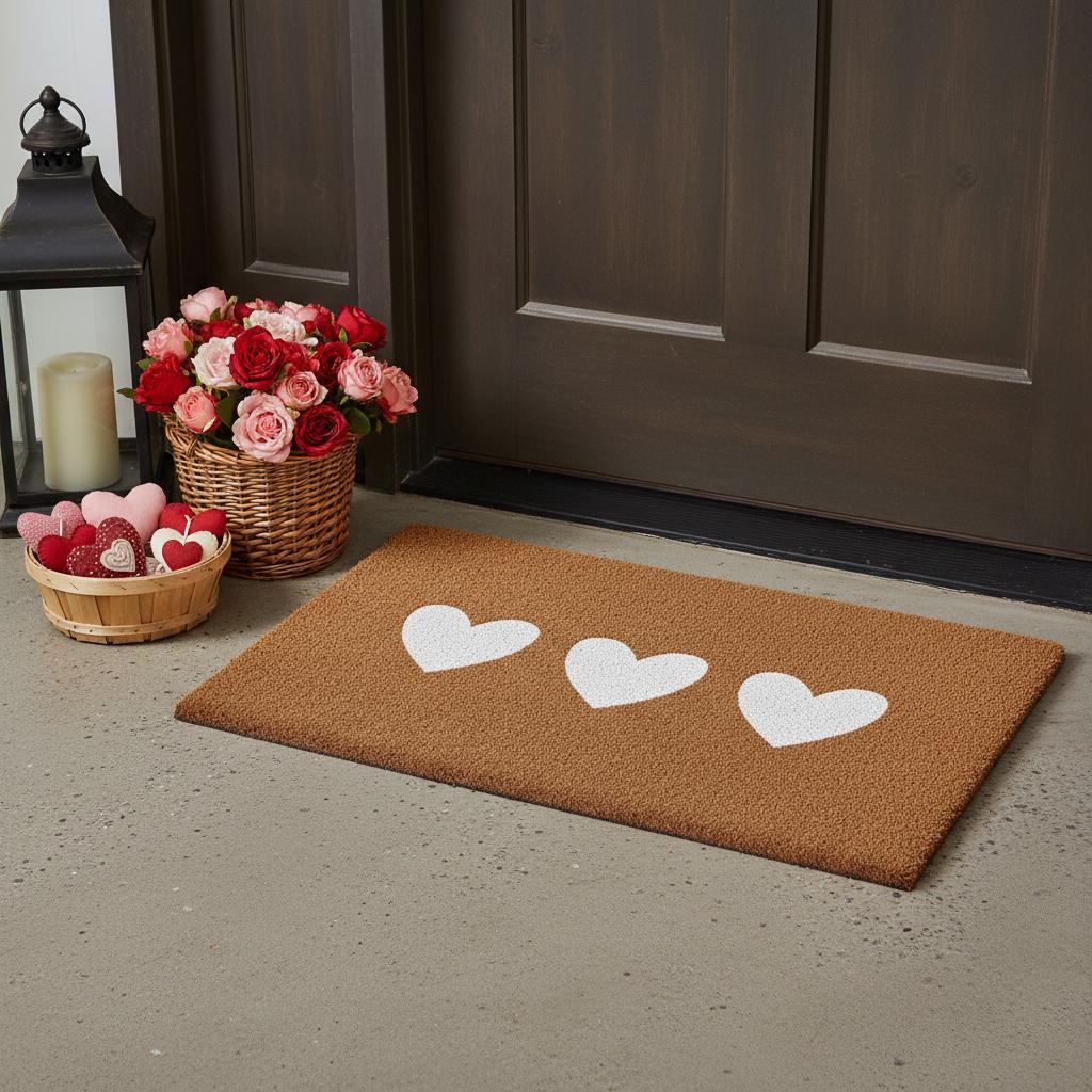 719901 12 x 24 in. Brown & White Three Hearts Outdoor Coir Rectangle Door Mat