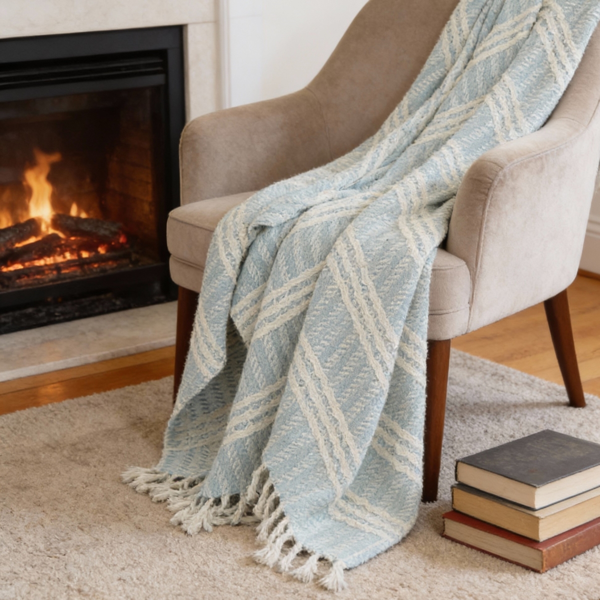 518795 50 x 60 in. Light Blue & Ivory Striped Cotton Throw Blanket with Fringe