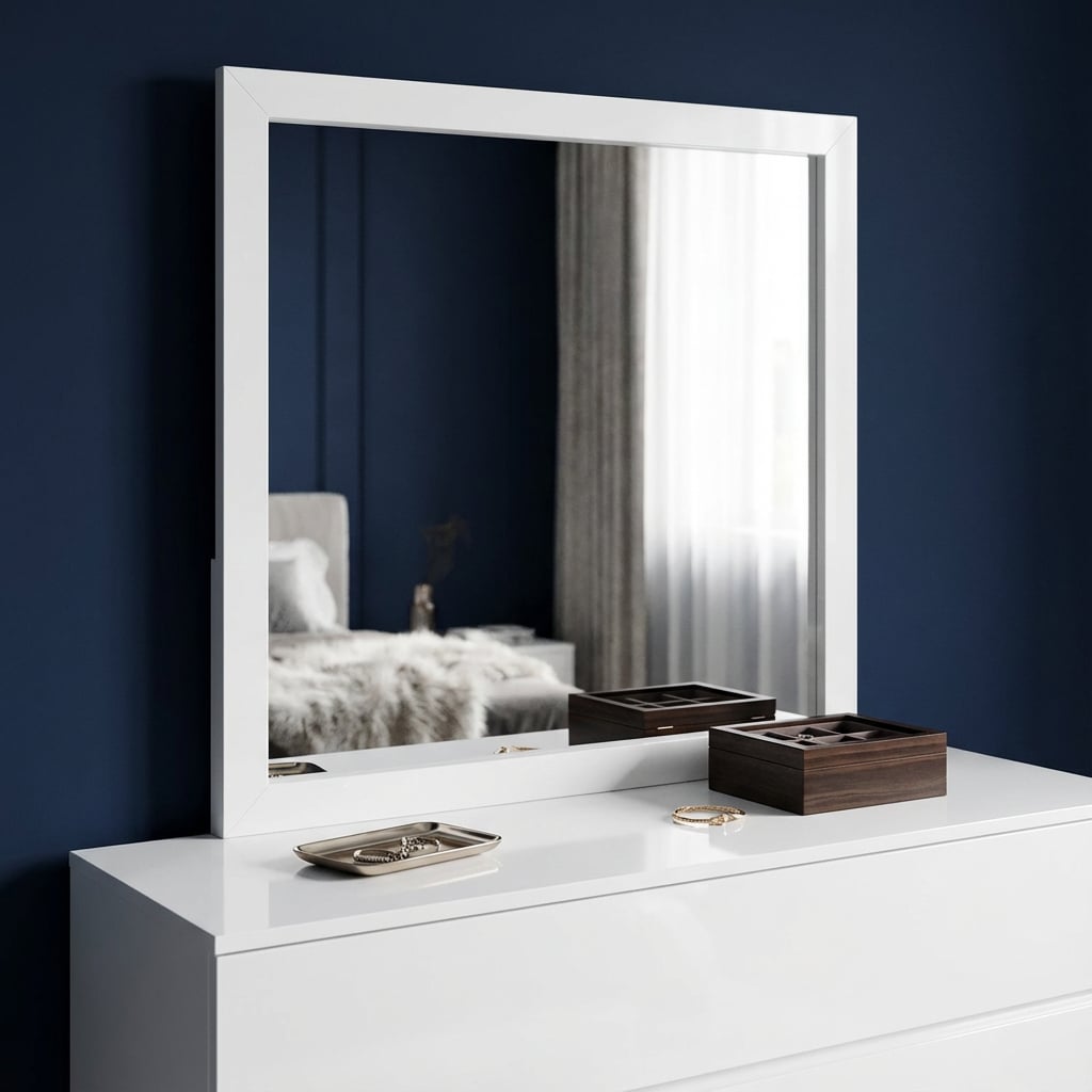 564634 40 in. White Wood Square Dresser Mount Framed Mirror