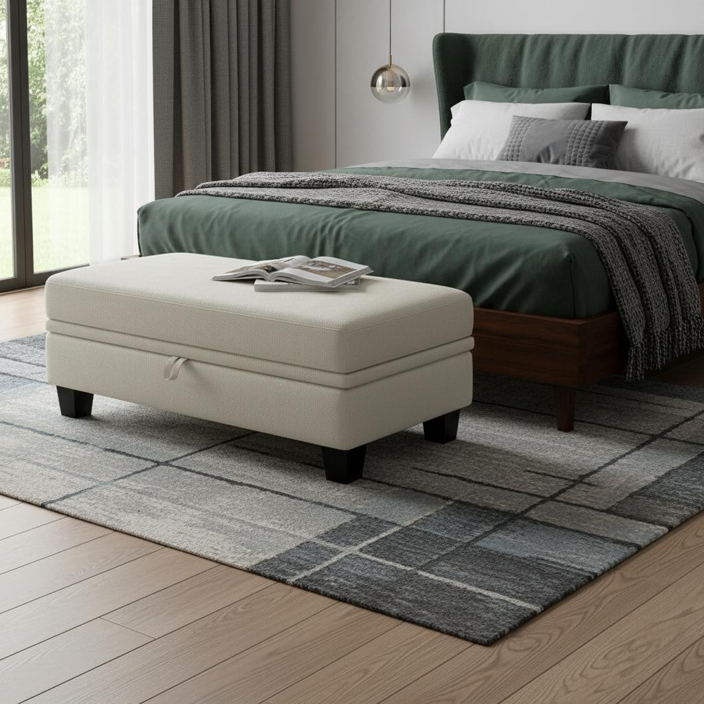 714402 46 in. Beige & Black Chenille Storage Ottoman