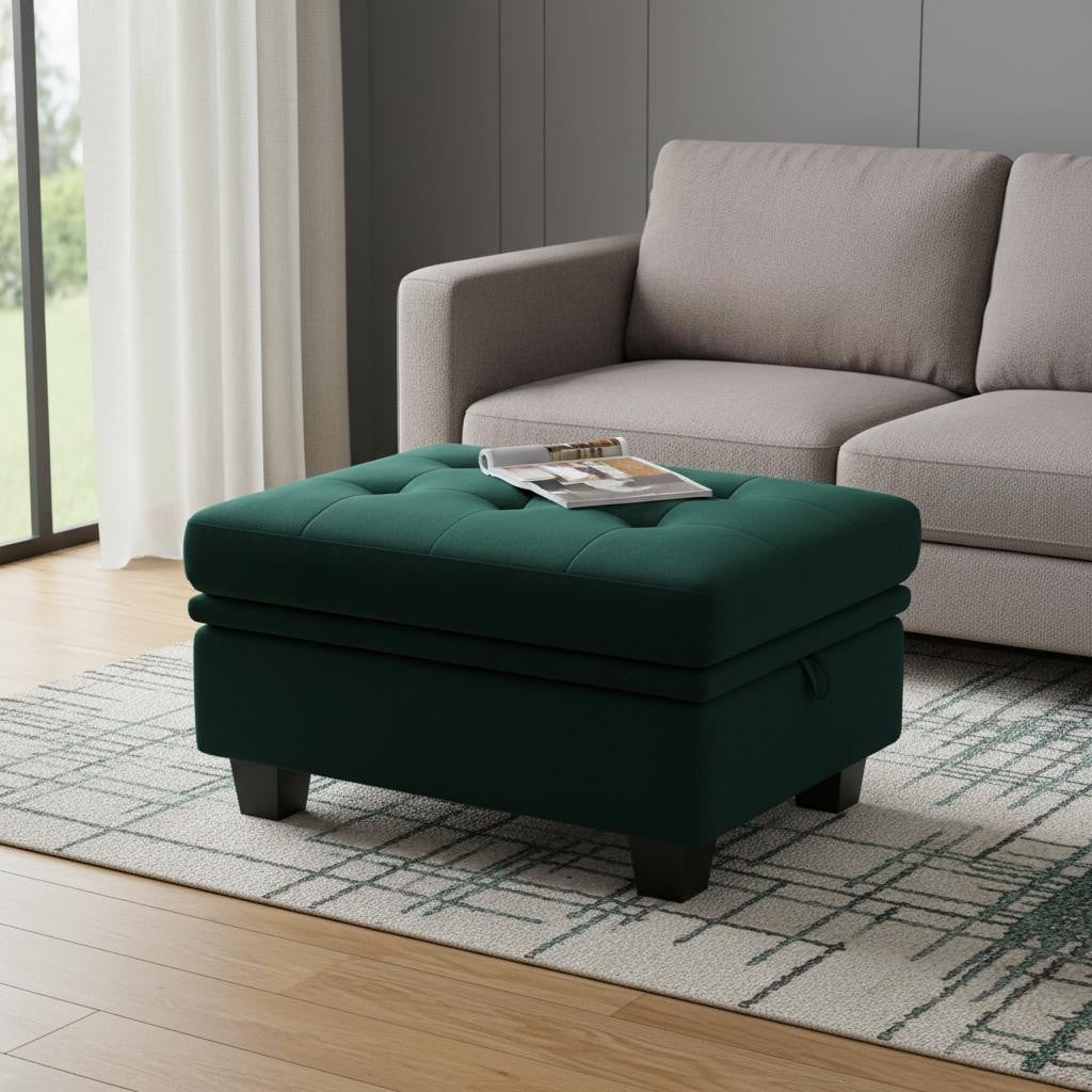 714388 32 in. Green & Black Velvet Tufted Storage Ottoman