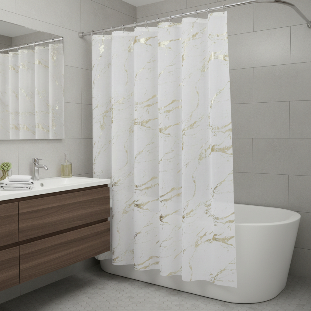 720613 72 in. White & Gold Abstract Shower Curtain