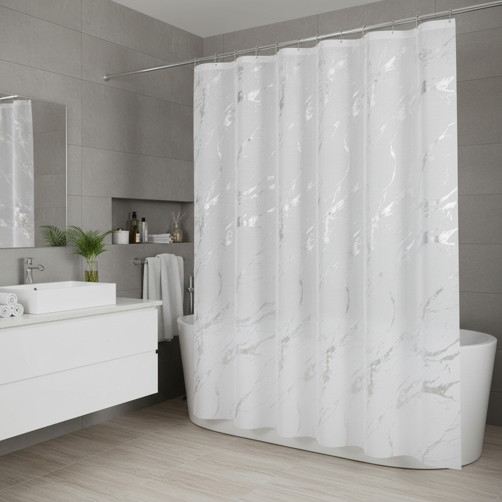 720615 72 in. White & Silver Abstract Shower Curtain