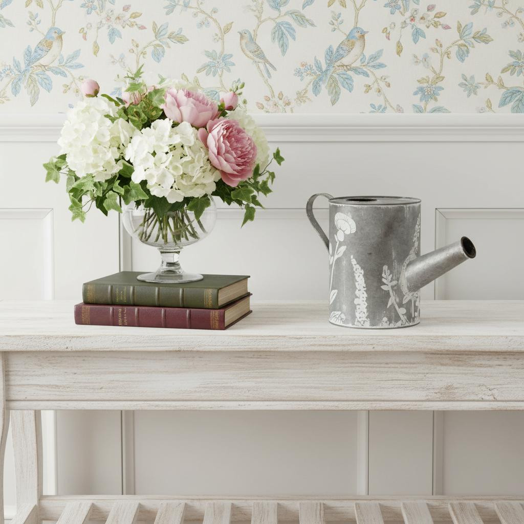 635817 8 in. Gray & White Galvanized Metal Flowers Hand Painted Decorative Watering Can