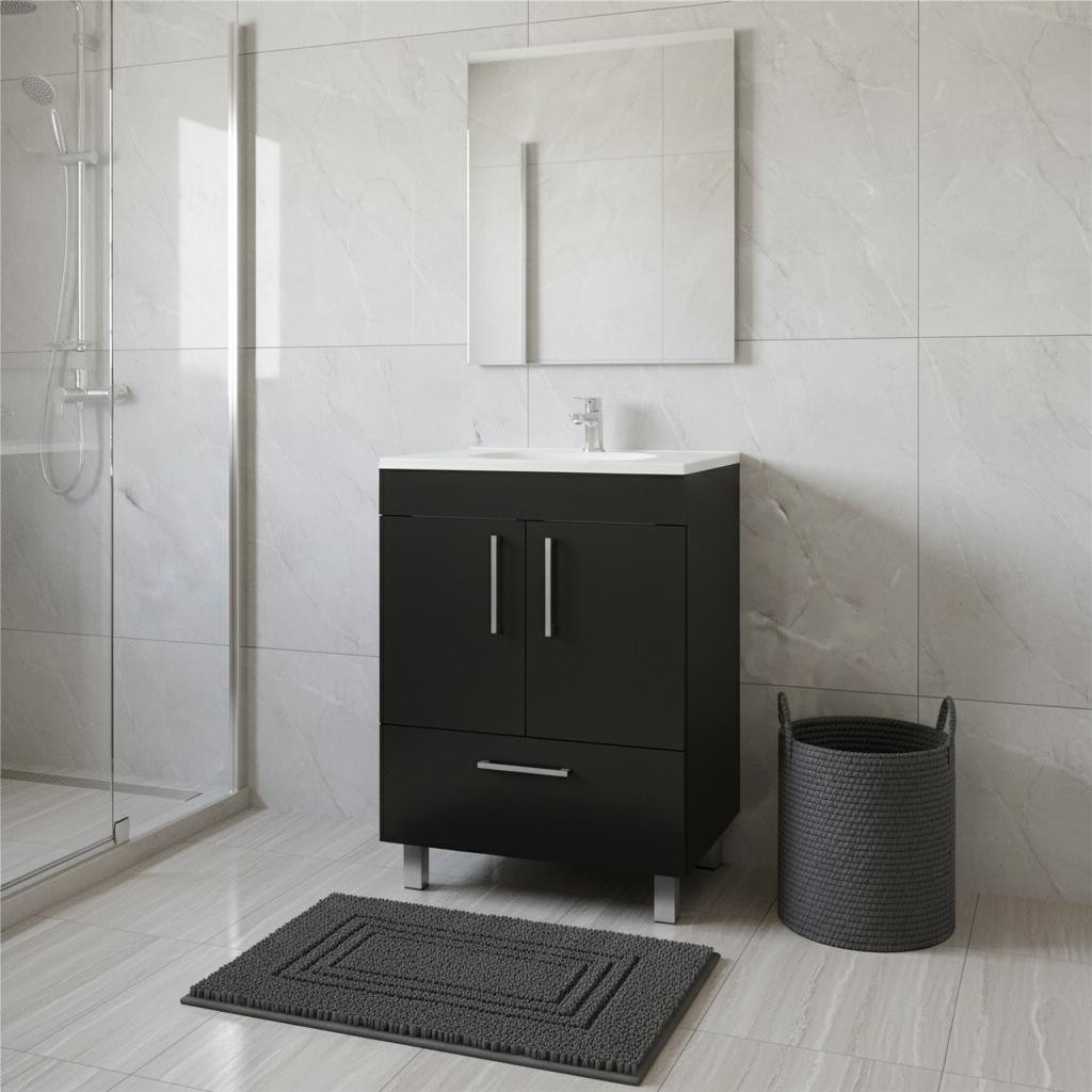 478251 24 in. Black Wood Freestanding Bathroom Vanity with White Sink