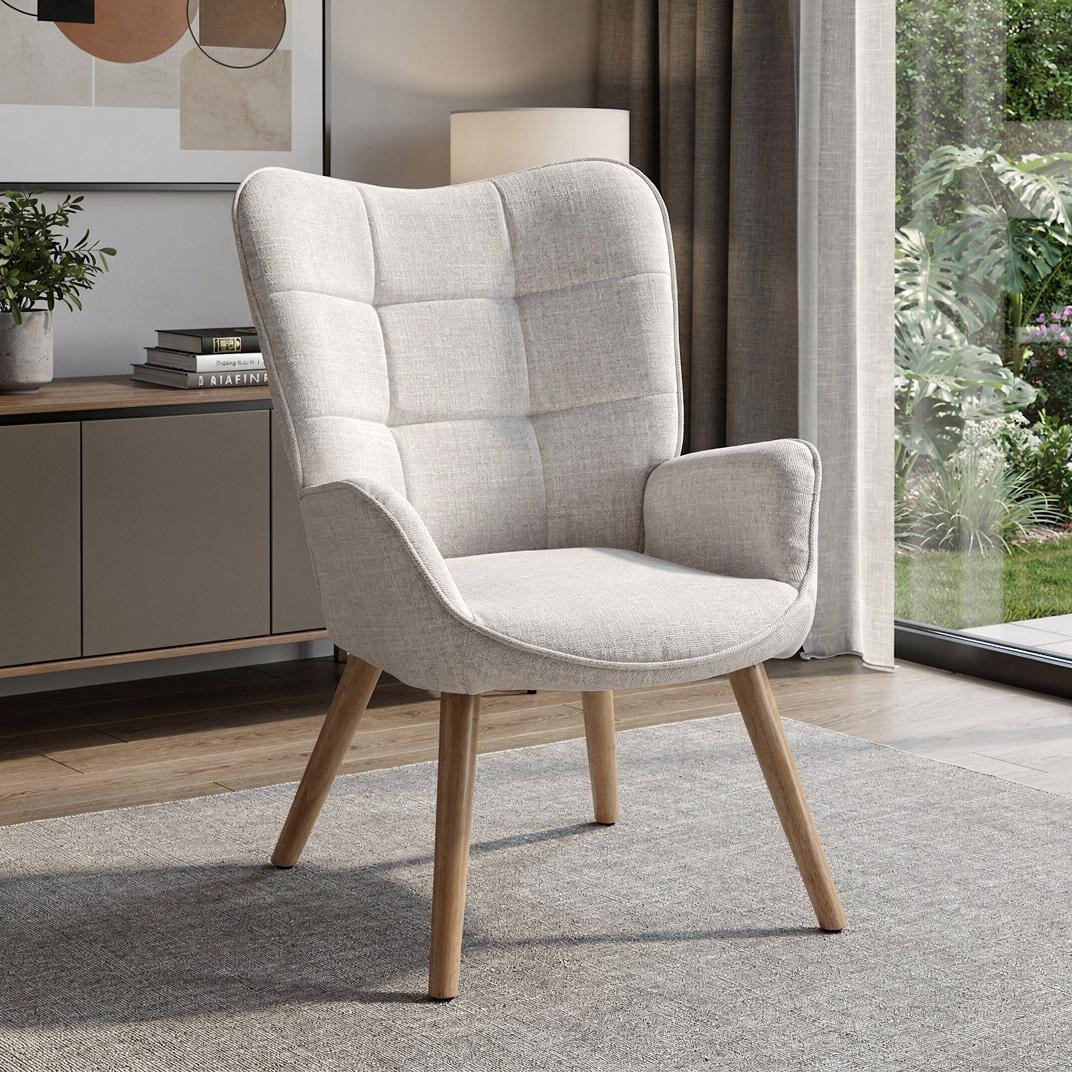 719435 23 in. Beige & Natural Tufted Chenille & Solid Wood Wingback Chair