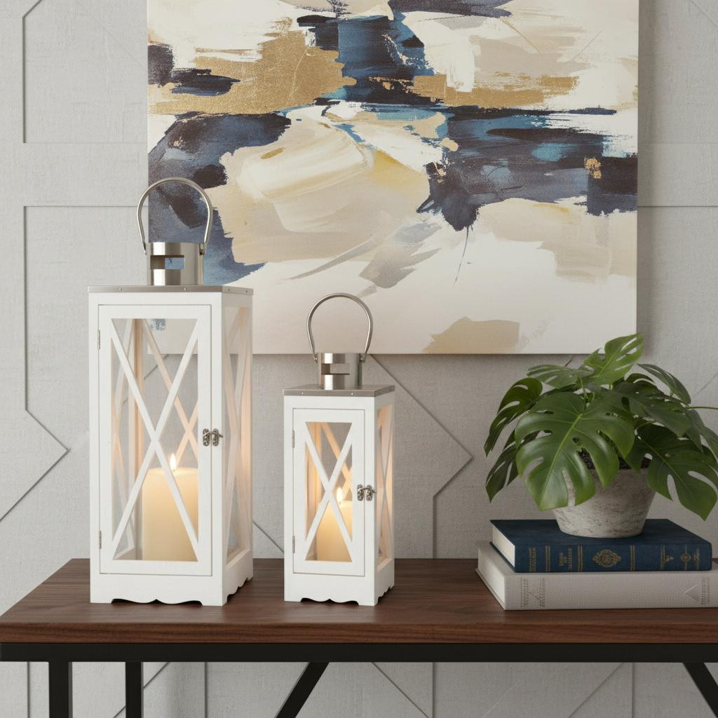 719758 Clear & White Glass & Solid Wood Floor Lantern Candle Holders, Set of 2
