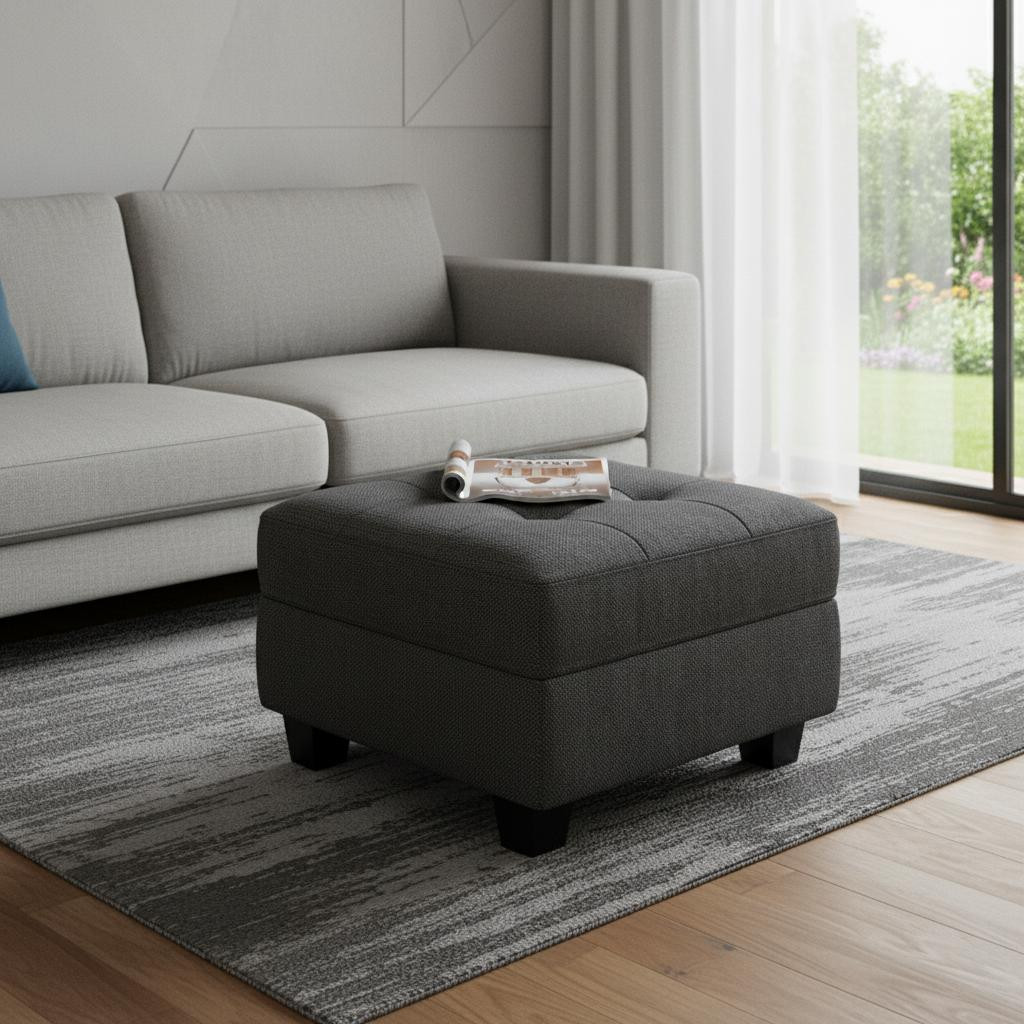 714328 26 in. Gray & Black Solid Wood & Linen Tufted Storage Ottoman