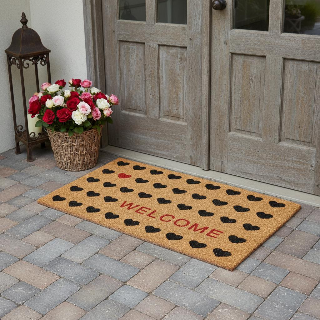 719862 24 x 48 in. Brown Black & Red Hearts Welcome Outdoor Coir Rectangle Door Mat