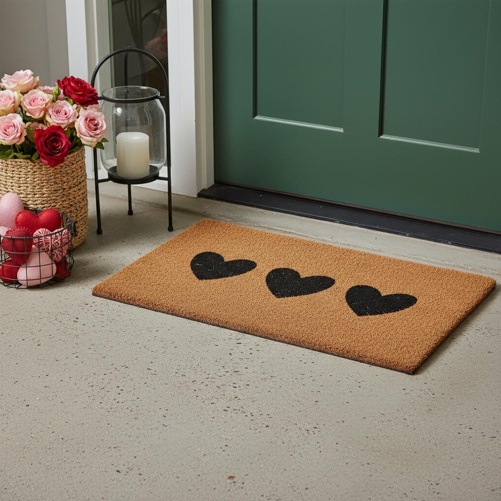 719887 12 x 24 in. Black & Brown Three Hearts Outdoor Coir Rectangle Door Mat