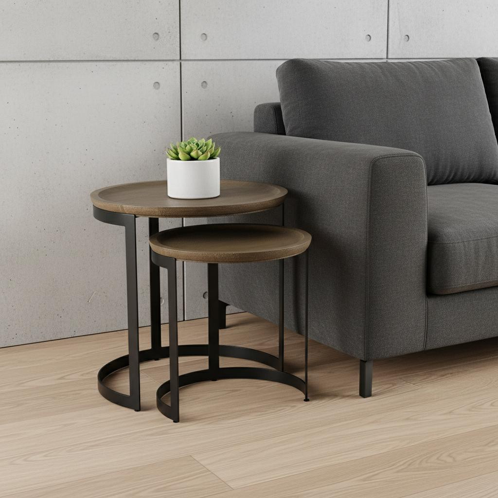605367 Brown & Black Solid Wood & Iron Round Nested Tables, Set of 2