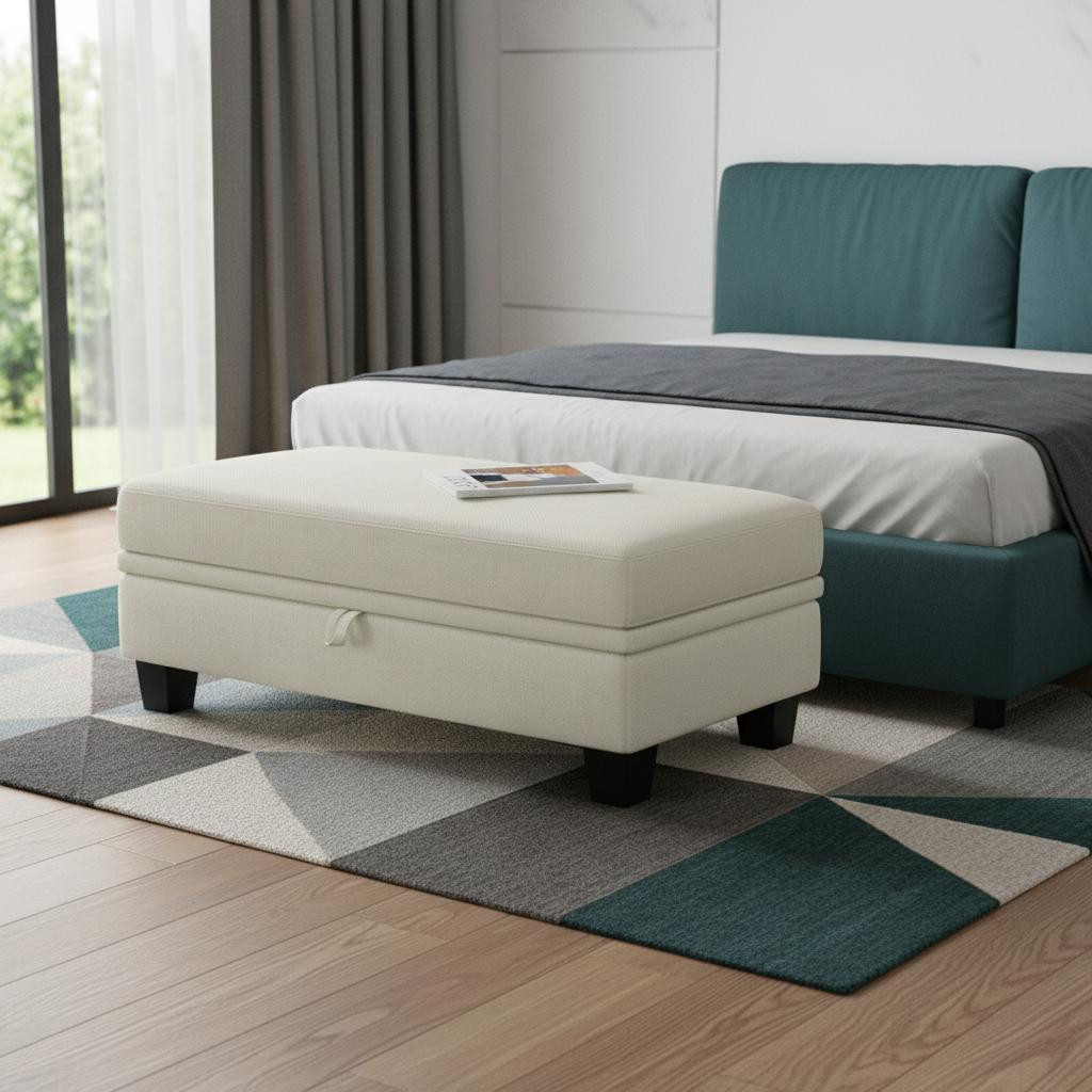 714374 46 in. Beige & Black Chenille Storage Ottoman