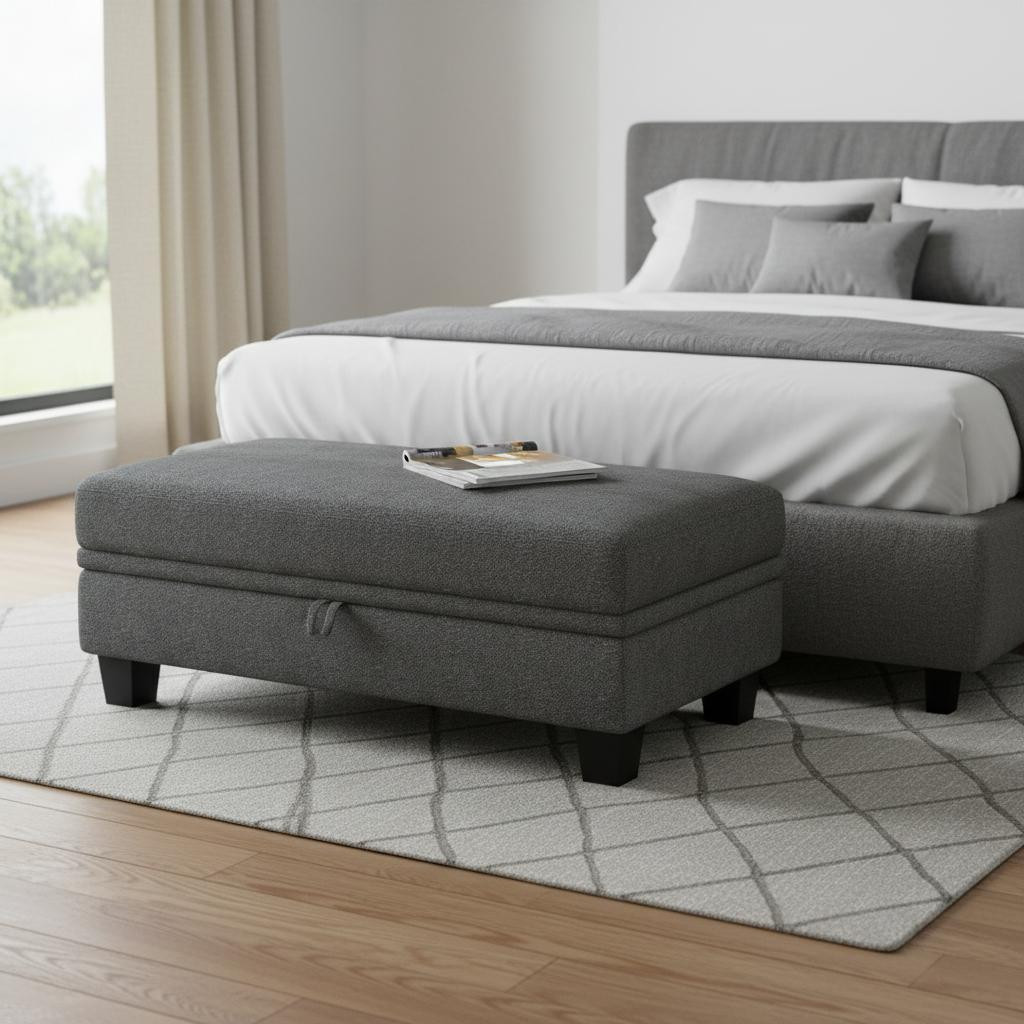 714375 46 in. Light Gray & Black Chenille Storage Ottoman