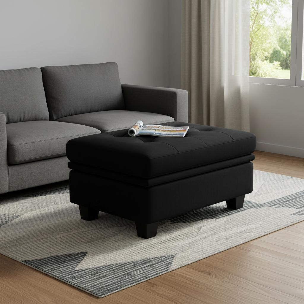 714389 32 in. Black Velvet Tufted Storage Ottoman
