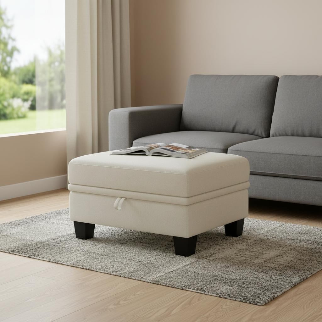 714392 29 in. Beige & Black Chenille Storage Ottoman