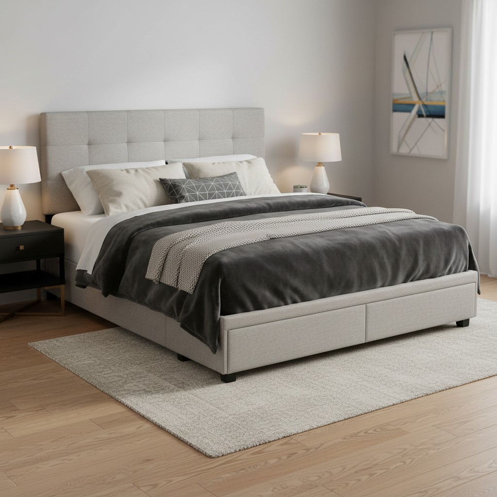 490199 Gray Tufted Linen Upholstered Queen Size Bed Frame with Drawers