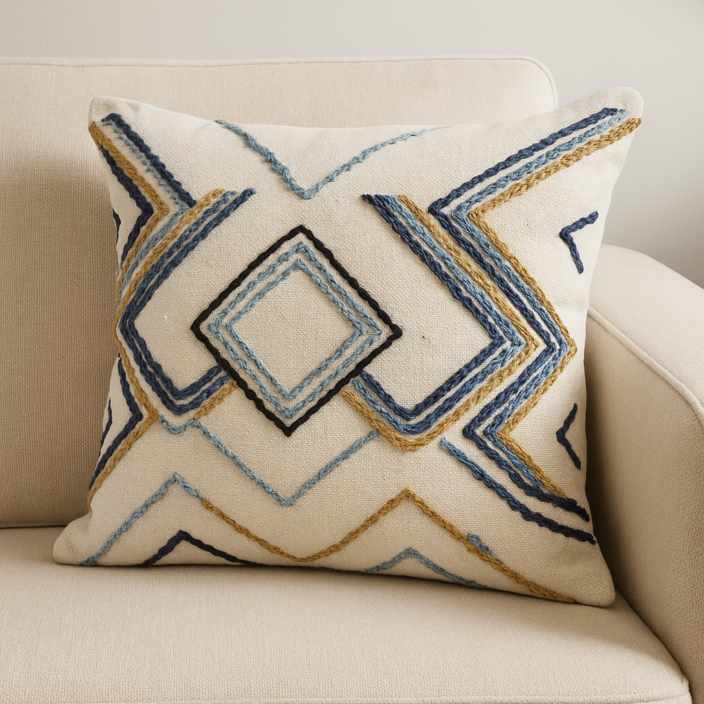 608187 20 in. Blue Yellow & Black Geometric Wool Blend Throw Pillow Cover with Texture