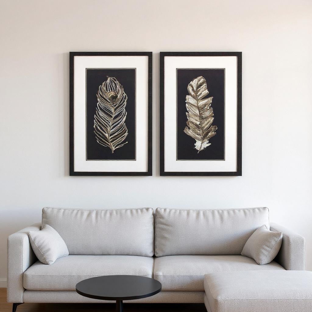 649137 Soft Feather on Black Brown Framed Wall Art, Set of 2