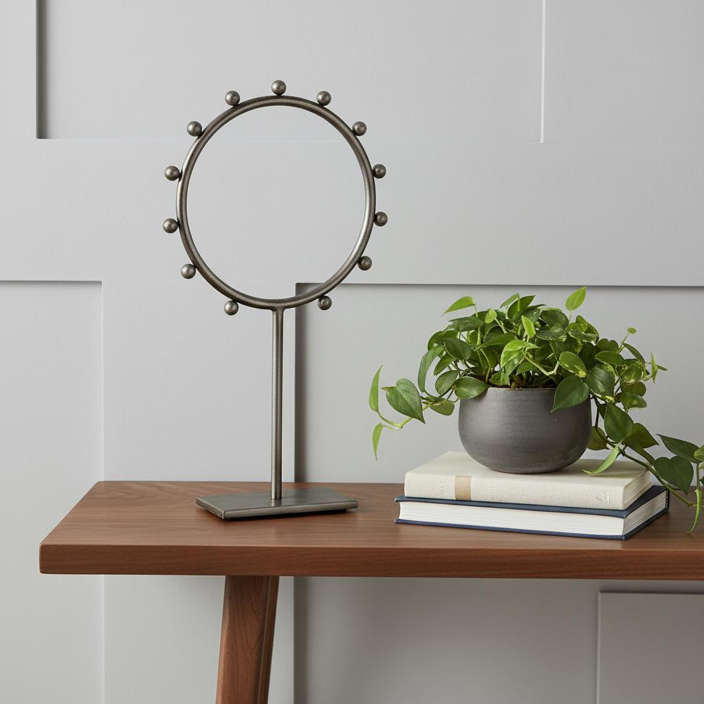 608695 15 in. Gray Metal Circle Tabletop Sculpture