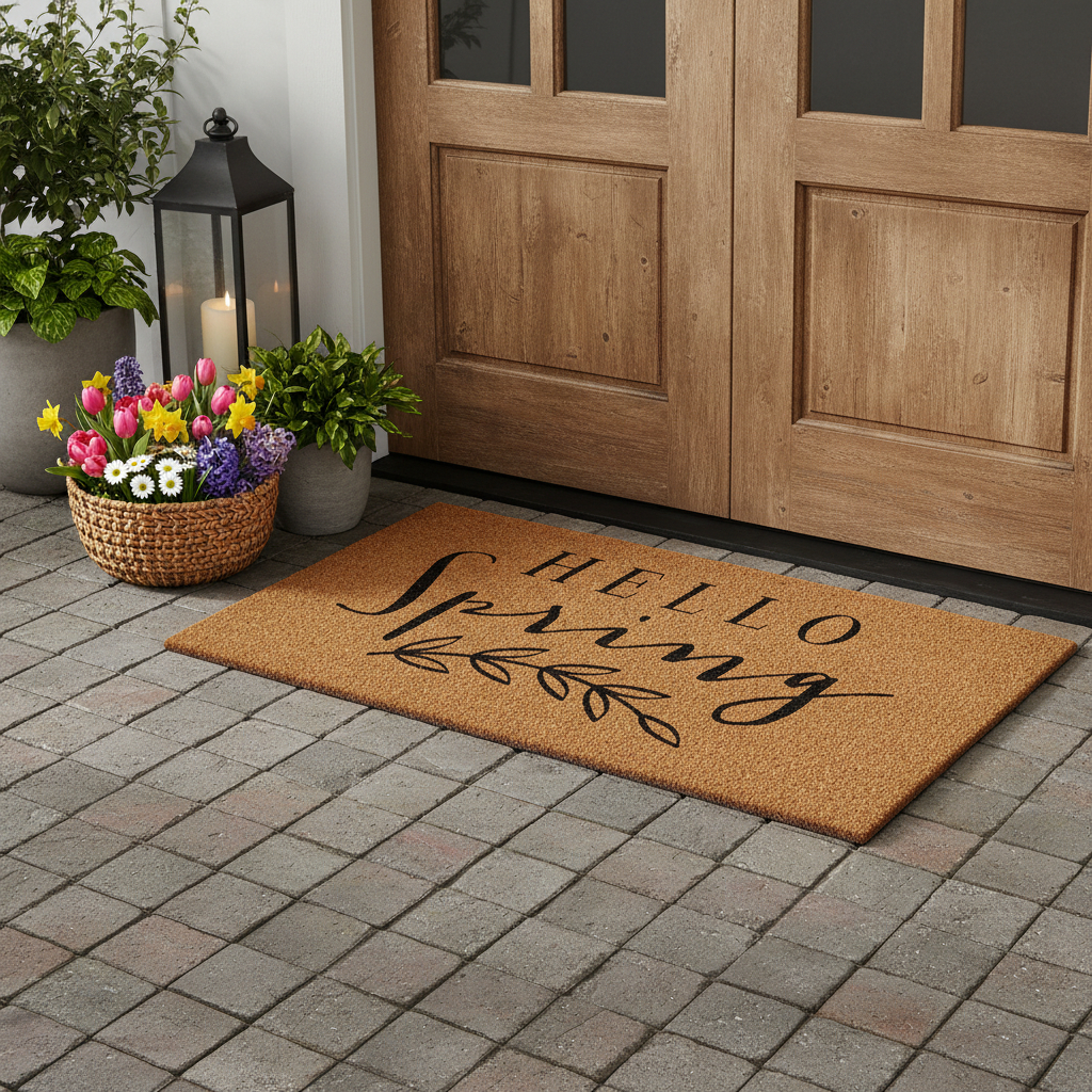 721279 30 x 48 in. Brown & Black Hello Spring Outdoor Coir Rectangle Door Mat