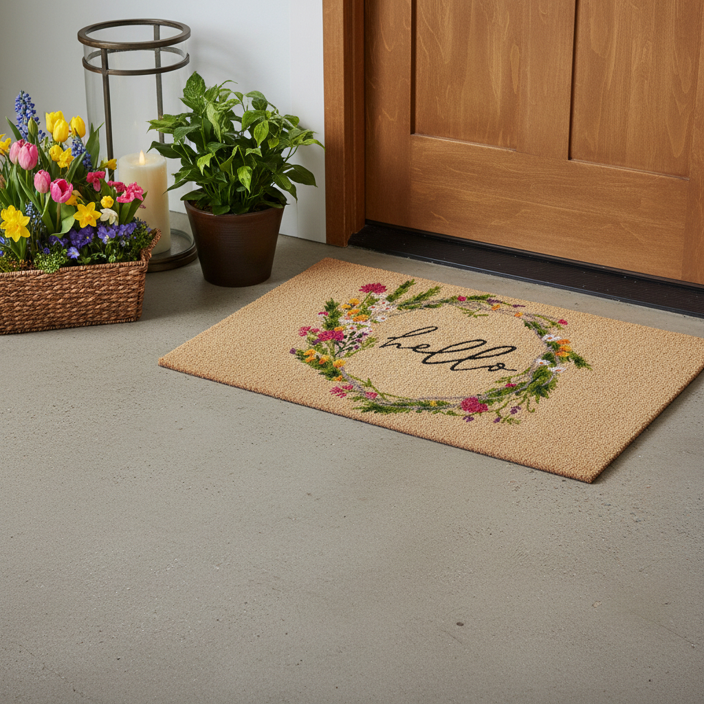 721327 24 x 36 in. Brown Green & Black Floral Hello Outdoor Coir Rectangle Door Mat