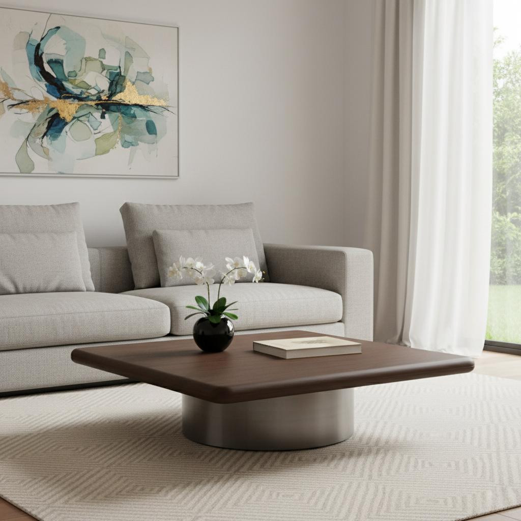 714606 39 in. Brown & Silver Wood & Stainless Steel Square Pedestal Coffee Table
