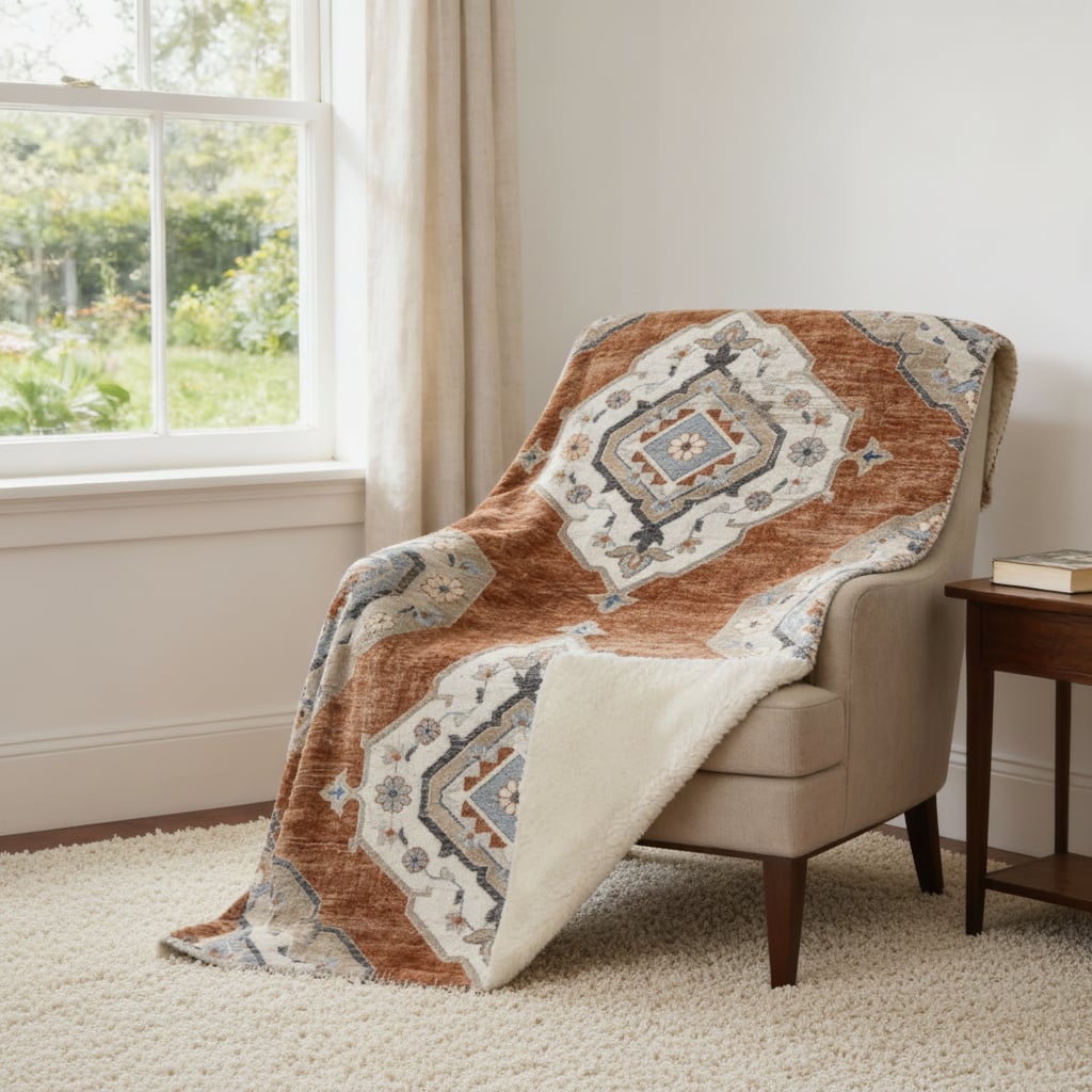 712383 50 x 70 in. Rust Ivory & Blue Floral Microfiber Plush Throw Blanket