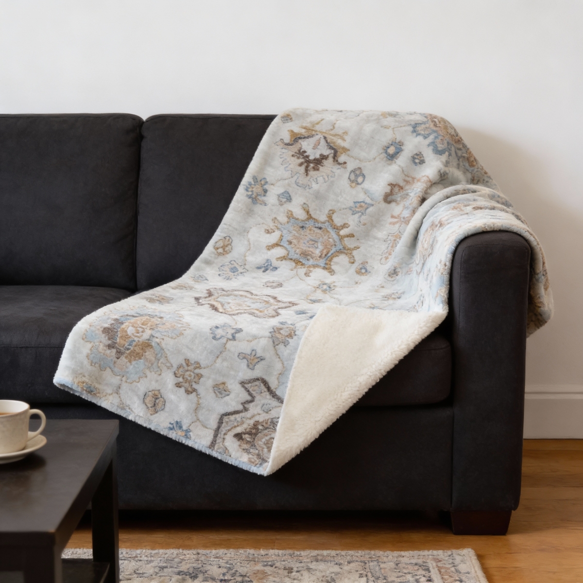 712405 50 x 70 in. Linen Coffee & Teal Floral Microfiber Plush Throw Blanket
