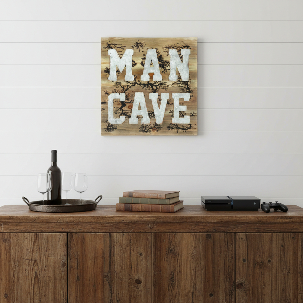 635992 16 x 16 in. Brown & Gray Man Cave Wood & Metal Wall Decor