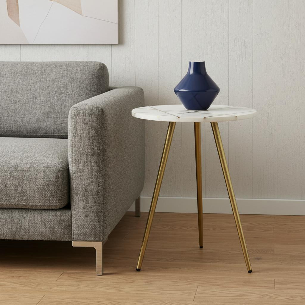 605372 16 in. White & Gold Stone & Metal Tray Table