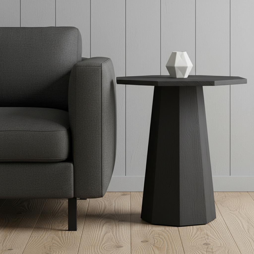 605614 30 in. Black Solid Wood & Wood Round Pedestal End Table
