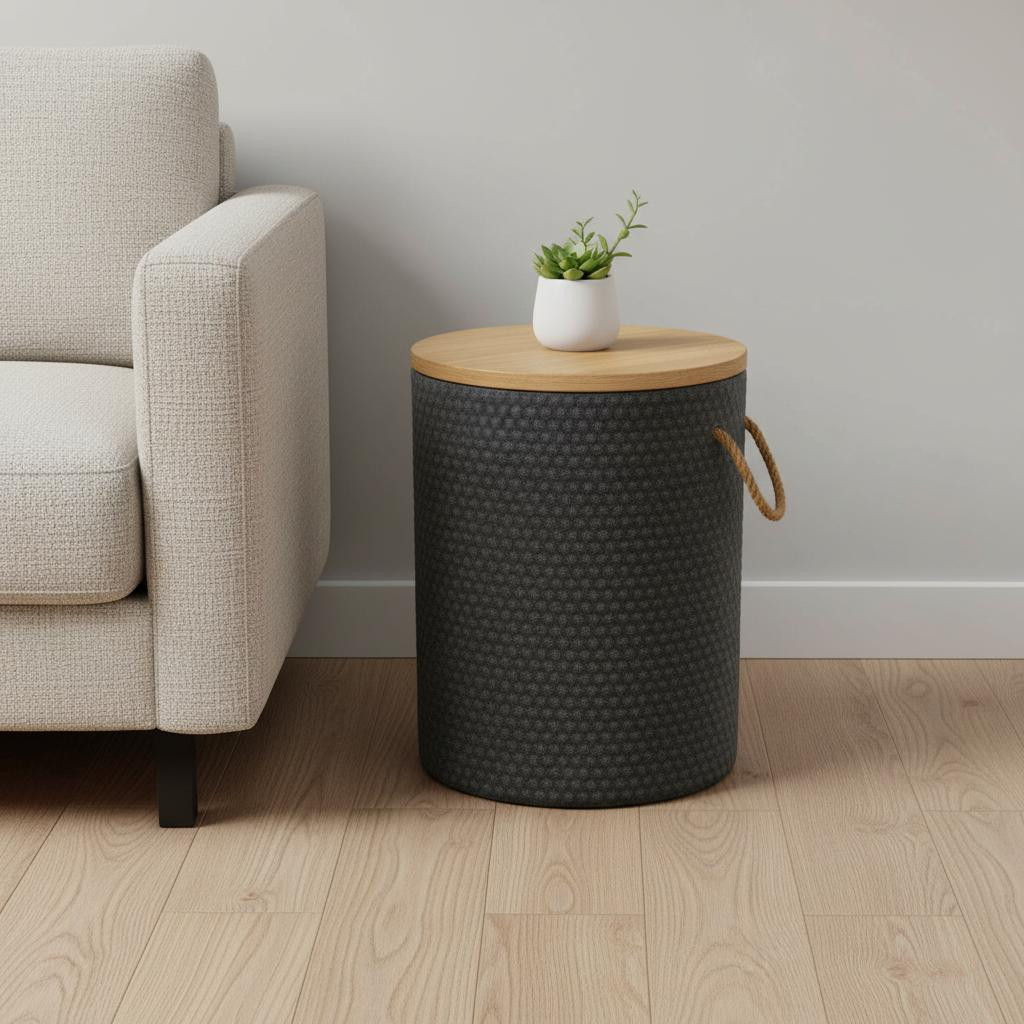 668529 14 in. Natural & Black Solid Wood & Faux Concrete Round Outdoor Side Table