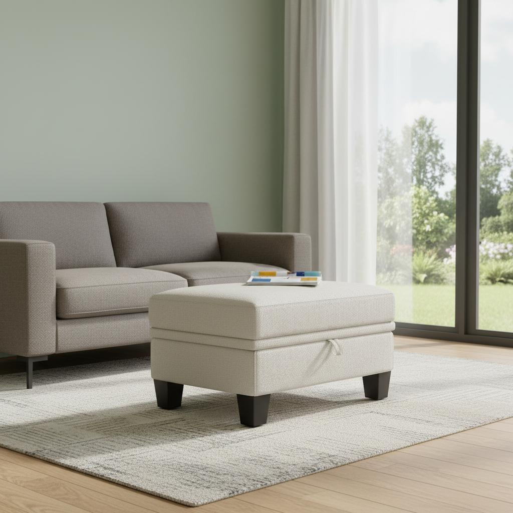714371 29 in. Chenille Storage Rectangle Ottoman, Beige & Black