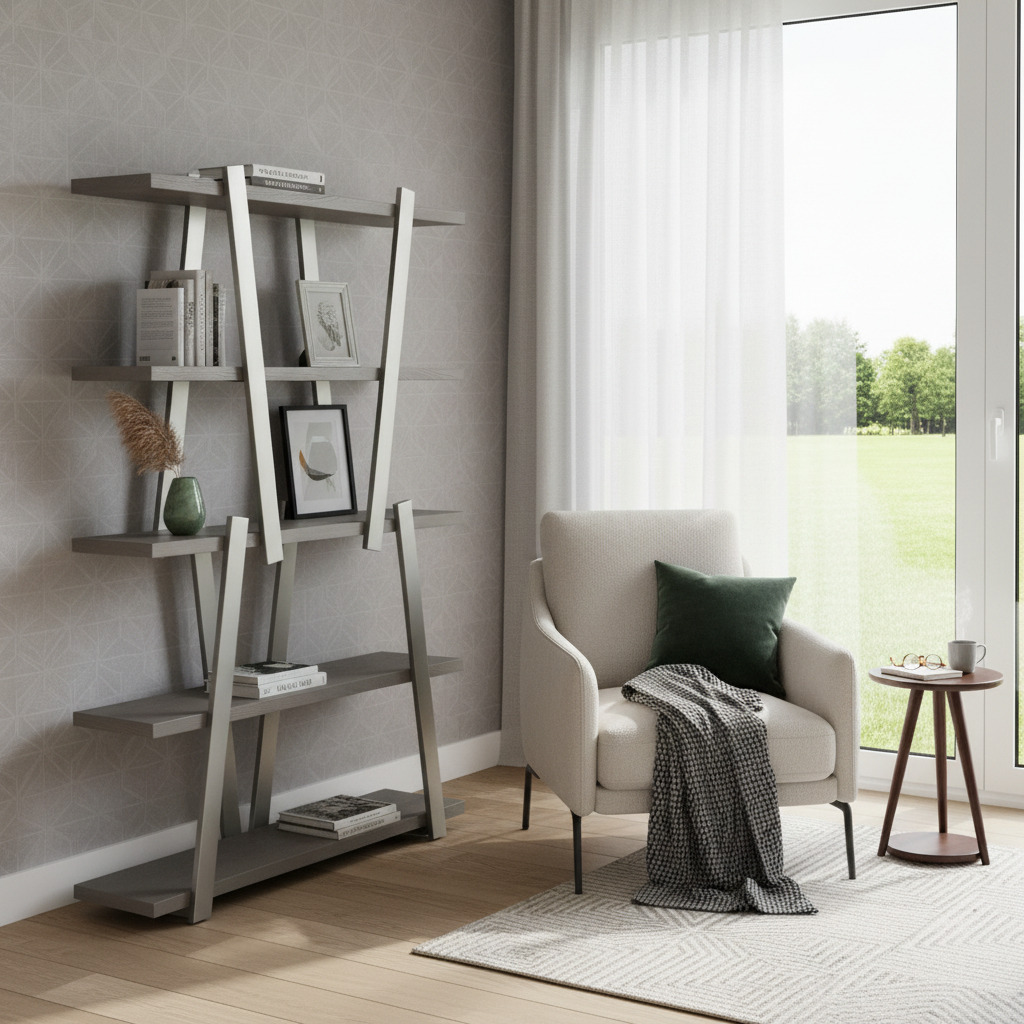 722399 71 in. Gray & Silver Stainless Steel & Wood Four Tier Geometric Bookcase
