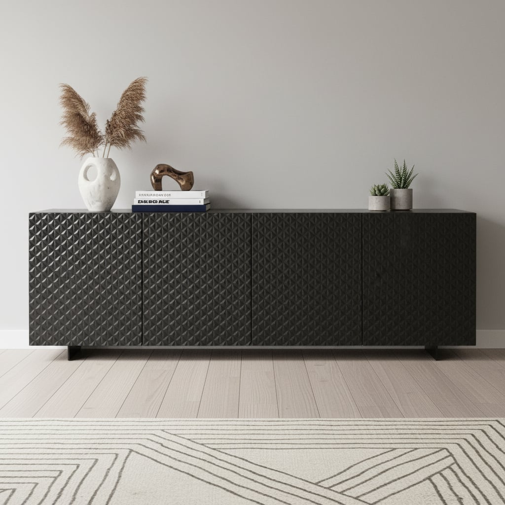 719398 94 in. Dark Gray Wood Carved Geometric Sideboard with Four Doors