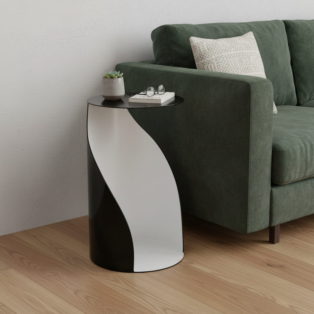 719934 19 in. Black & White Steel Round Pedestal End Table